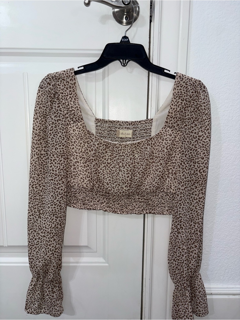 Altar'd State Beige Leopard-Print Long Sleeve Crop Top